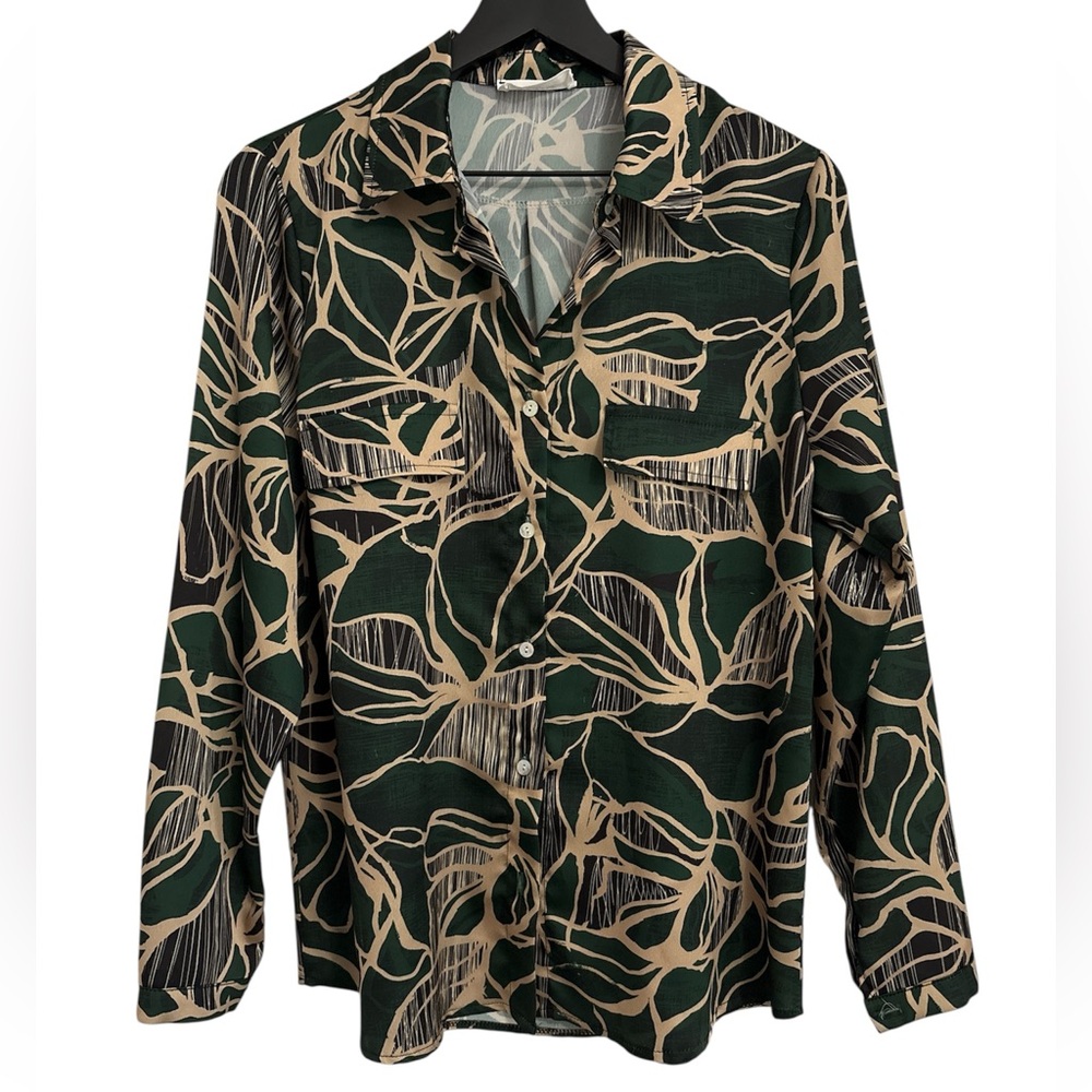 Halogen Green And Tan Patterned Button Down Shirt - image 1
